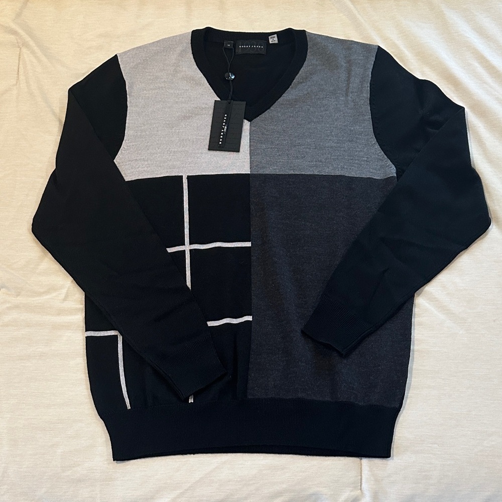 NWT Bobby Jones Wool and Silk Blend “Fallon” Tonal Plaid Jacquard Sweater